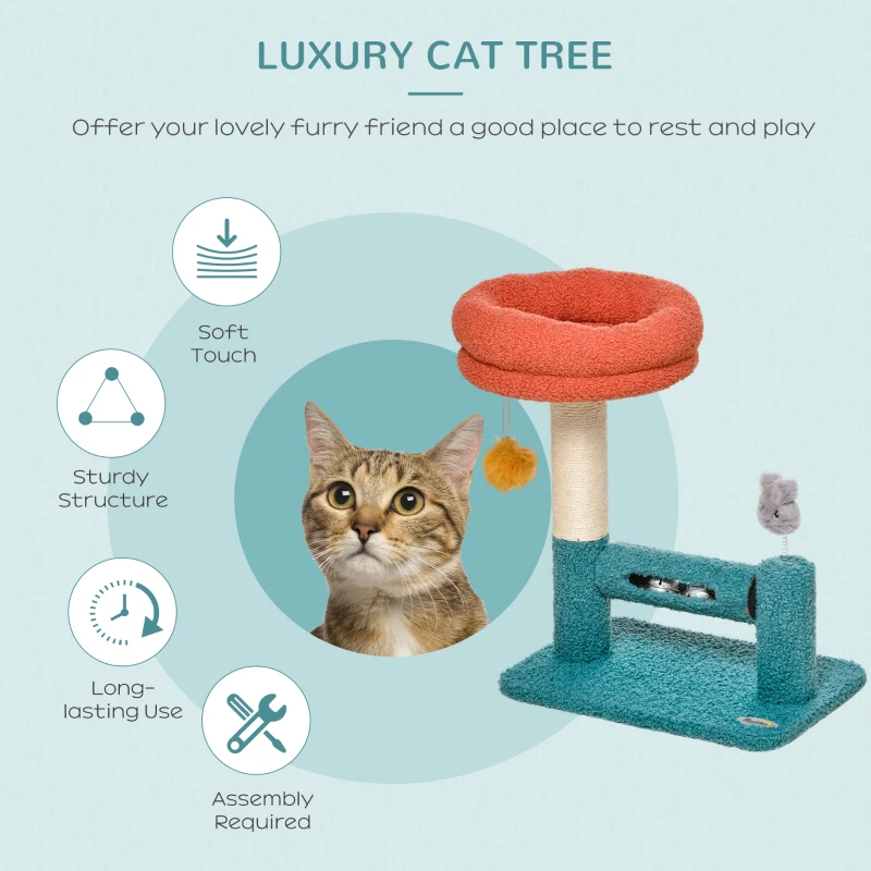 PawHut Cat Tree with Removable Bed Scratching Post Interactive Kitten Toy Dangling Ball Spring Roller Bell Blue Orange