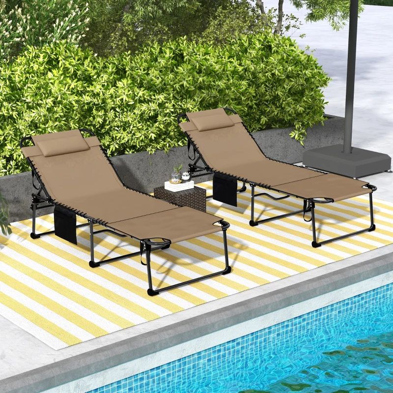 Outsunny 2 Piece Folding Chaise Lounge Pool Chairs with 5-level Reclining Back, Reading Hole, Side Pocket, Beige