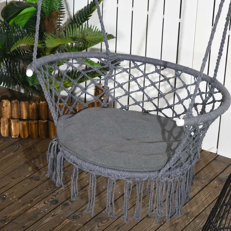 Outsunny Hanging Hammock Chair, Cotton Rope Porch Hammock Swing with Metal Frame and Cushion, Large Macrame Seat for Patio, Garden, Bedroom, Living Room, Dark Grey