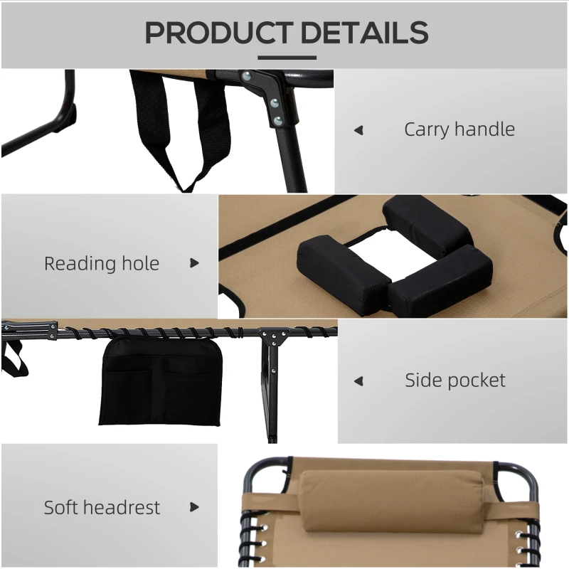 Outsunny 2 Piece Folding Chaise Lounge Pool Chairs with 5-level Reclining Back, Reading Hole, Side Pocket, Beige