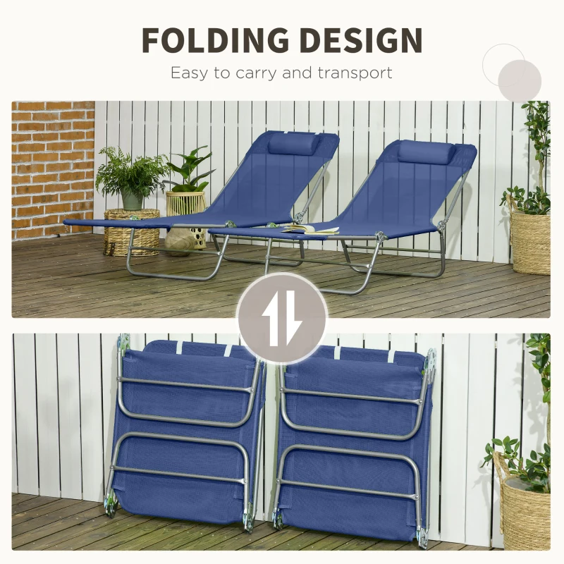 Outsunny 2 Piece Sun Loungers, Folding Chaise Lounge Chairs with Reclining Back, Breathable Mesh Seat, Headrest, Dark Blue