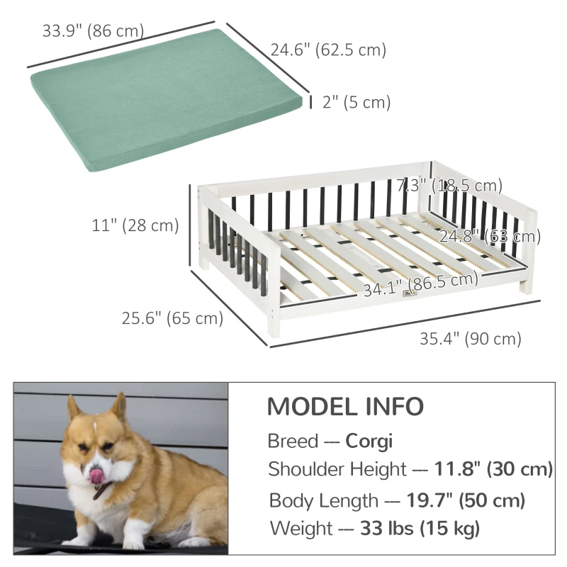 PawHut Elevated Dog Bed, Wooden Raised Pet Sofa, Portable Cat Lounge with Soft Cushion, Washable Cover for Medium Dogs and Cats, White Blue