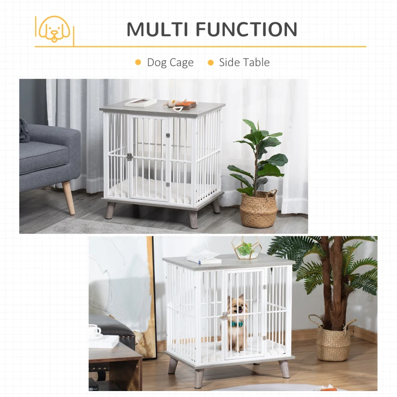 PawHut Dog Crate, Furniture Style Pet Cage Kennel, End Table, Decorative Dog House, with Soft Cushion, Wooden Top, Door, for Small Dogs, Indoor Use, Grey