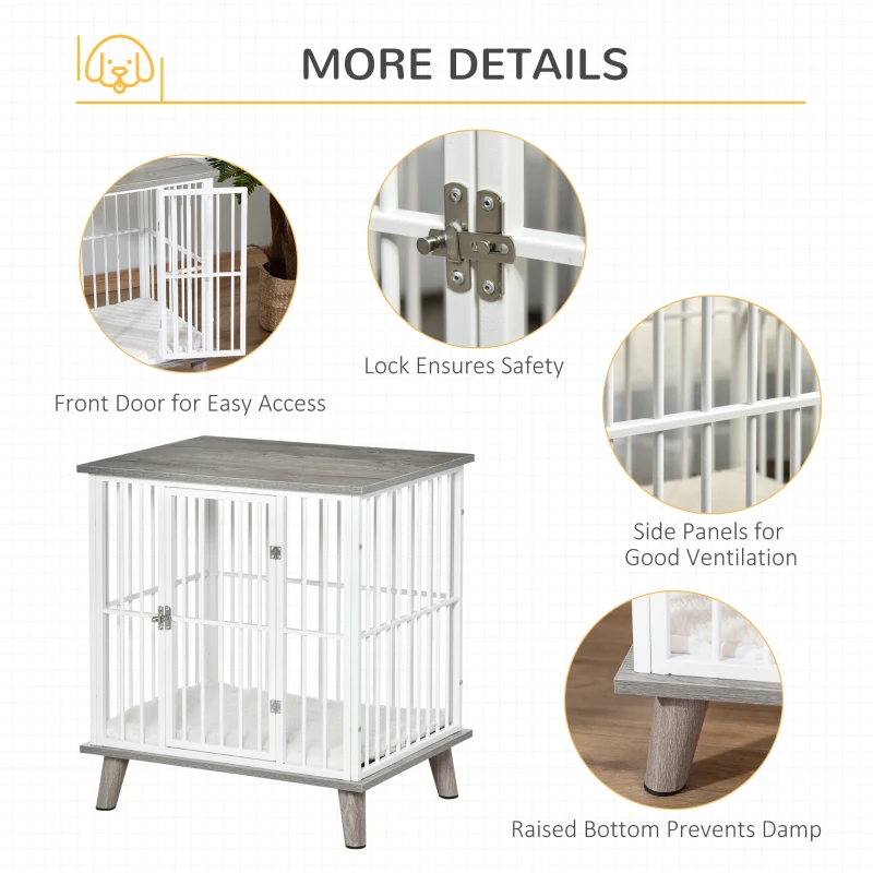 PawHut Dog Crate, Furniture Style Pet Cage Kennel, End Table, Decorative Dog House, with Soft Cushion, Wooden Top, Door, for Small Dogs, Indoor Use, Grey