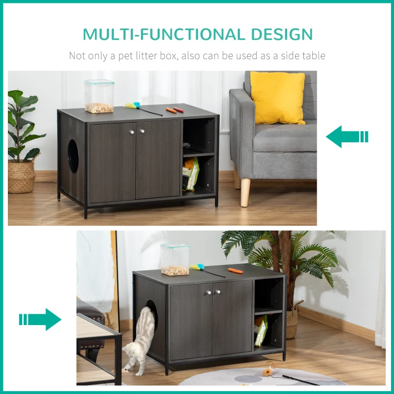 PawHut Cat Litter Box Enclosure Hidden Cat Furniture Cabinet Indoor Cat Washroom Double-door Nightstand End Table with Damping Hinge Multiple Storage Place Adjustable Partition Black