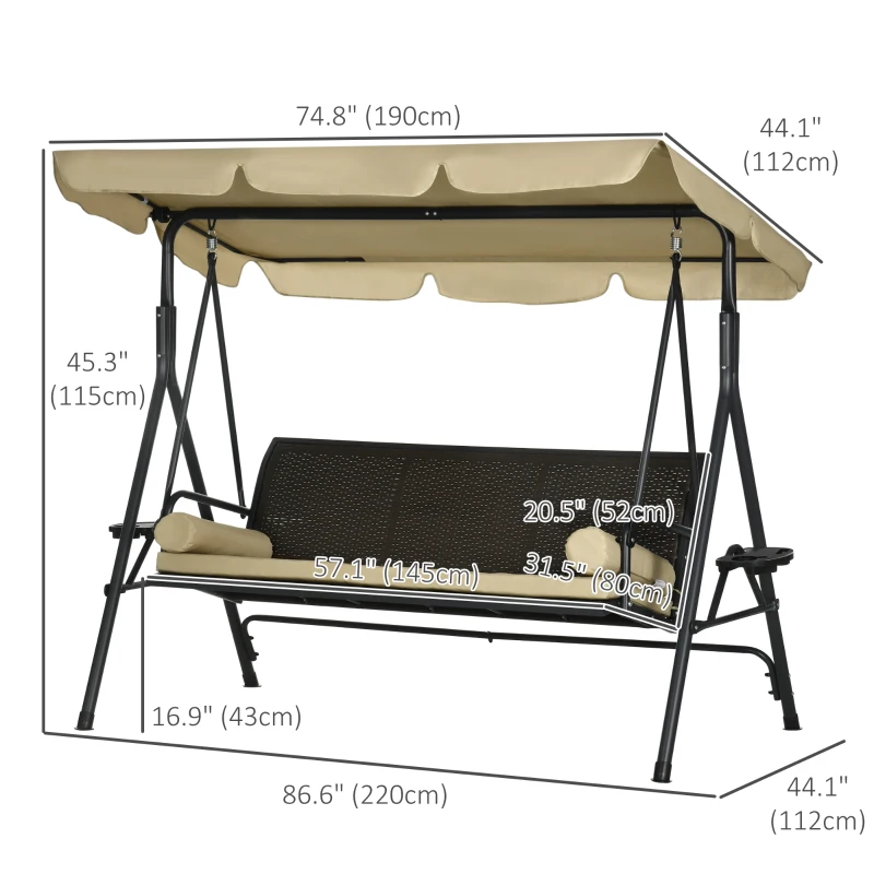 Outsunny Outdoor 3-Seat Porch Swing with Canopy, Rattan Seat, Removable Cushion, Pillows and Steel Frame