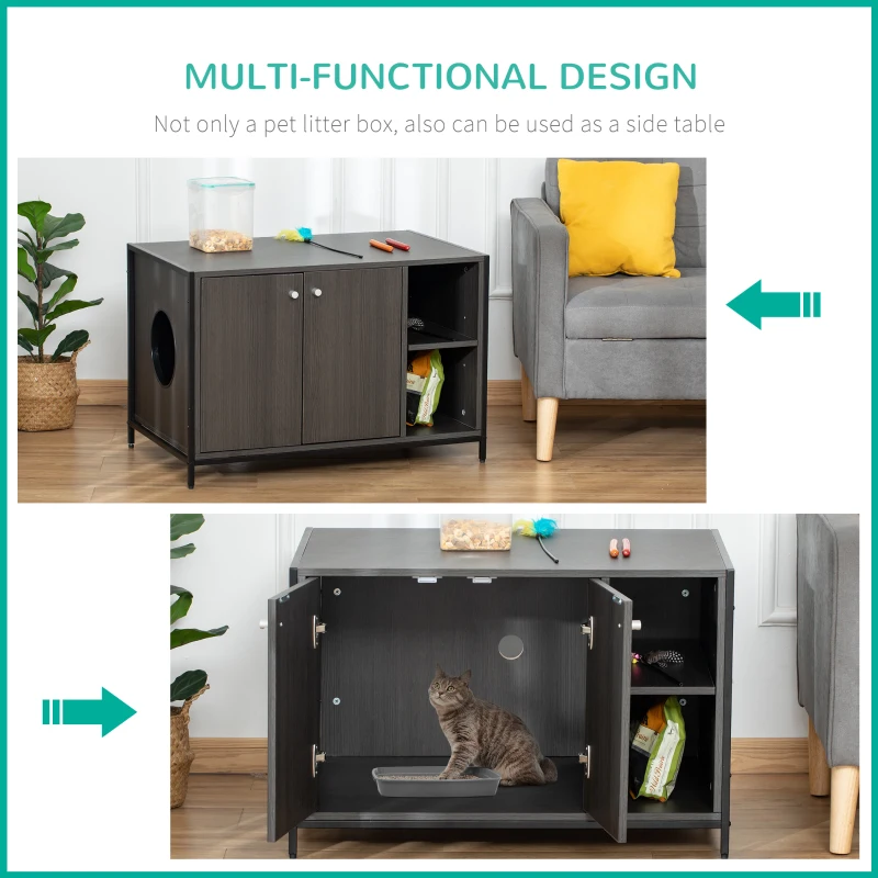 PawHut Cat Litter Box Enclosure Hidden Cat Furniture Cabinet Indoor Cat Washroom Double-door Nightstand End Table with Damping Hinge Multiple Storage Place Adjustable Partition Black