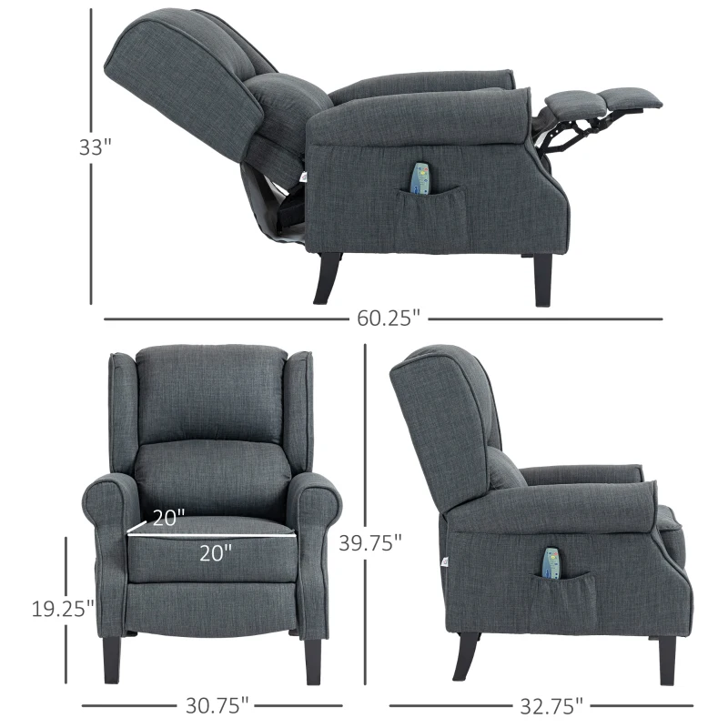 HOMCOM Vibrating Massage Recliner Chair with Heat, Wingback Push Back Reclining Chair for Living Room, Charcoal Gray