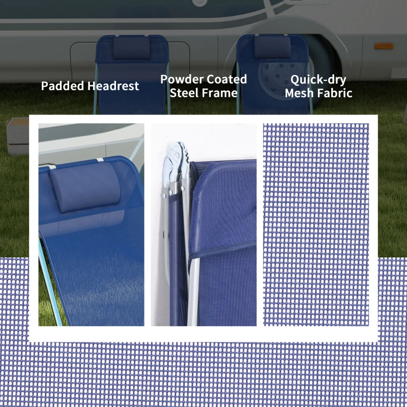 Outsunny 2 Piece Sun Loungers, Folding Chaise Lounge Chairs with Reclining Back, Breathable Mesh Seat, Headrest, Dark Blue