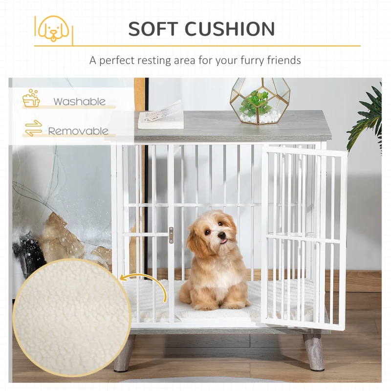 PawHut Dog Crate, Furniture Style Pet Cage Kennel, End Table, Decorative Dog House, with Soft Cushion, Wooden Top, Door, for Small Dogs, Indoor Use, Grey