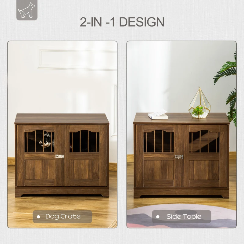 PawHut 29.5" Wooden Dog Cage with Windows, End Table Furniture Style, Modern Pet Kennel with Lockable Doors Elevated Base for Small and Medium-sized Dogs, Brown