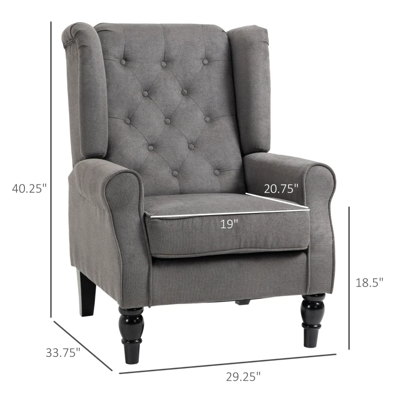 HOMCOM Wingback Accent Chair for Living Room, Button-Tufted Lounge Chair with Round Armrests and Wood Legs, Dark Gray