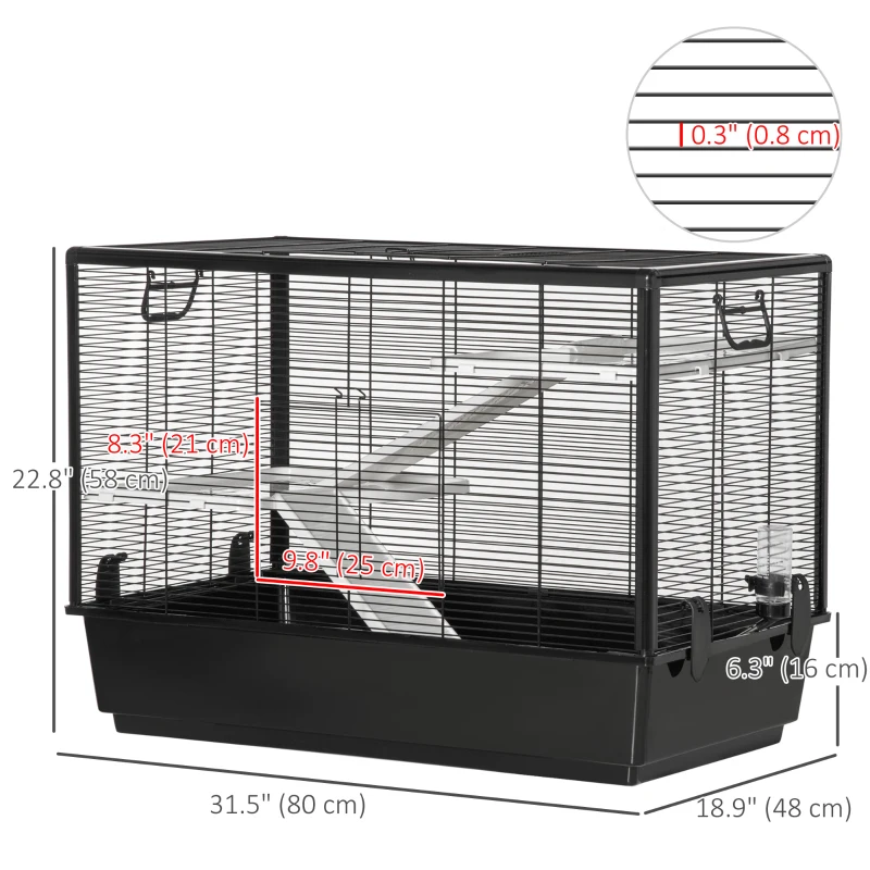 PawHut 3-tier Hamster Cage, Guinea Pig Cage, Pet Chinchillas Play House Indoor with Accessories Food Dish Water Bottle, Ramps, 31.5"x19"x 23", Black