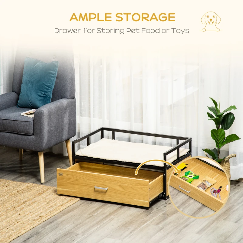 PawHut 39.25" Elevated Dog Bed, Furniture Style Pet Couch, Soft Modern Puppy Sofa, with Storage Drawer, Washable Cushion, Steel Frame, for Medium Dogs, Oak