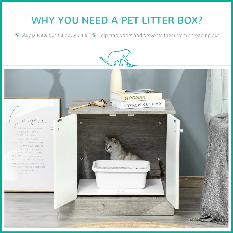 PawHut Cat Litter Box Enclosure Privacy Washroom Decorative Kitten Pet House Nightstand End Table Indoor with Magnetic Door Slide-out Board Grey Oak