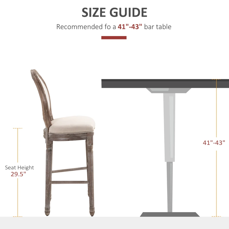 HOMCOM Solid Wood Bar Stools Set of 2, French Country Barstools, Bar Height Chairs with Upholstered Seating and Footrest, 29.5" Seat Height, Beige