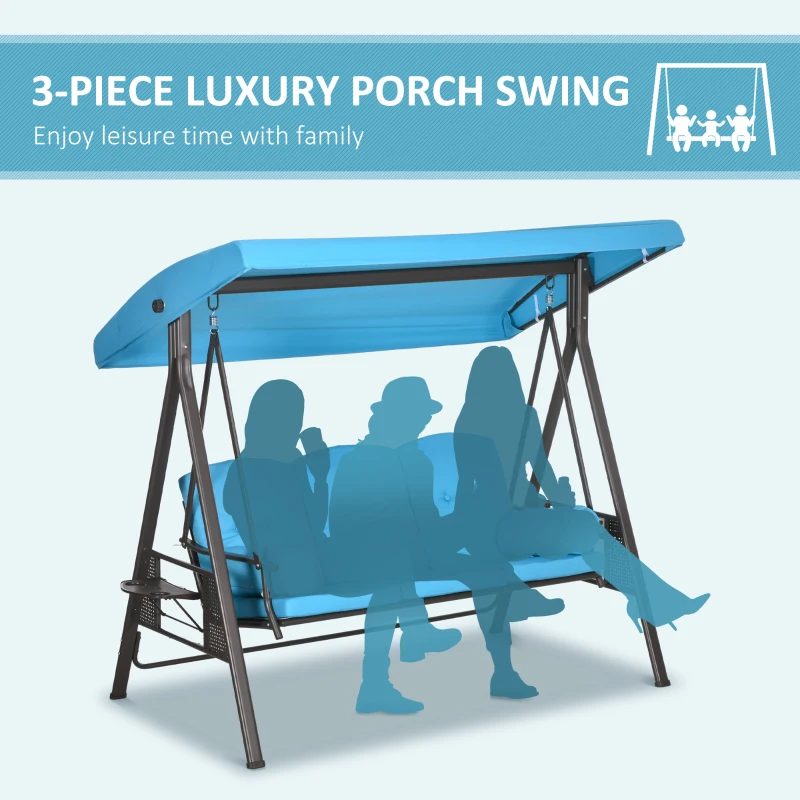 Outsunny 3-Seat Outdoor Porch Swing Chair with Adjustable Canopy, Cushion and Pillows for Garden, Poolside, Blue