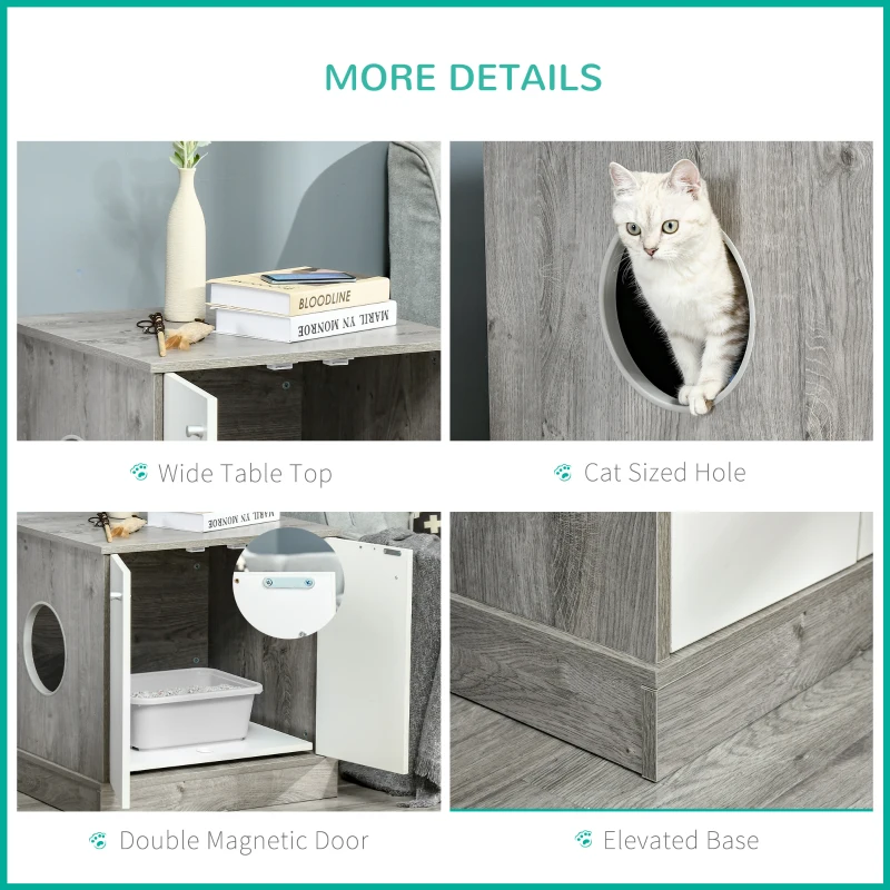 PawHut Cat Litter Box Enclosure Privacy Washroom Decorative Kitten Pet House Nightstand End Table Indoor with Magnetic Door Slide-out Board Grey Oak