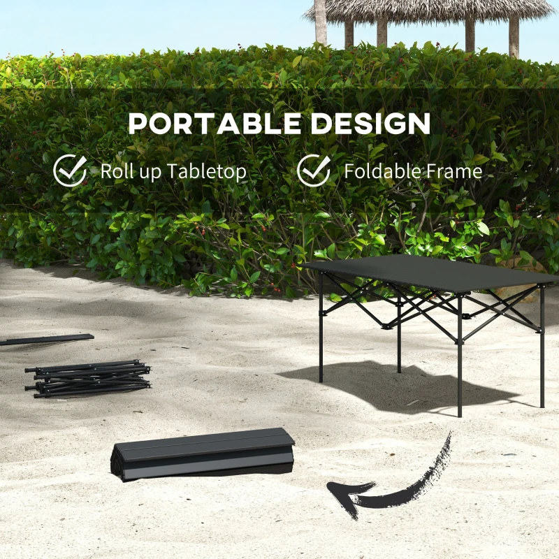 Outsunny Folding Camping Table with Roll up Top and Carry Bag, Portable Picnic Table for Camping, Picnic, Hiking, Black