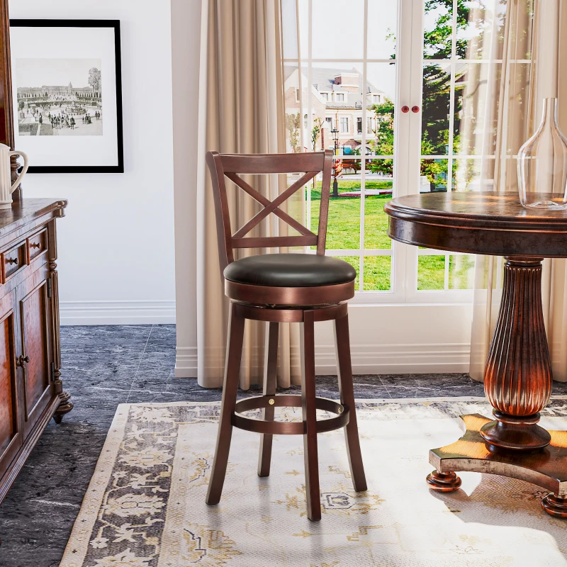 HOMCOM Swivel Bar Stool with Back, 31 Inch PU Leather Bar Height Stool, Farmhouse Barstool with Rubberwood Frame, Black