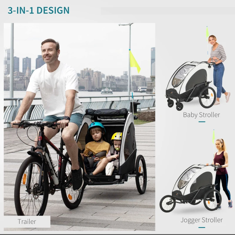 Aosom 3 In1 Baby Bike Trailer for 2 Kids, Foldable Double Jogger Stroller, 2-Seater Stroller with Shock Absorber System, Rubber Tires, Adjustable Handlebar Brake, Storage Bag,White