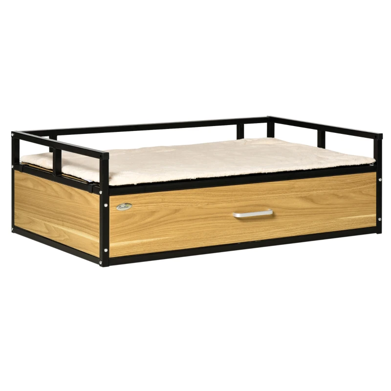 PawHut 39.25" Elevated Dog Bed, Furniture Style Pet Couch, Soft Modern Puppy Sofa, with Storage Drawer, Washable Cushion, Steel Frame, for Medium Dogs, Oak