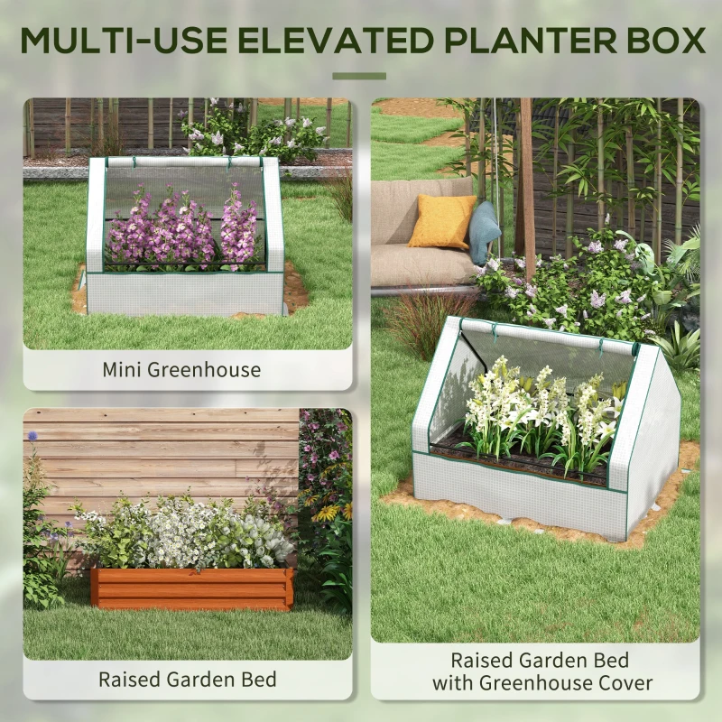 Outsunny Raised Garden Bed, Outdoor Metal Planter Box with Mini Greenhouse, White and Brown