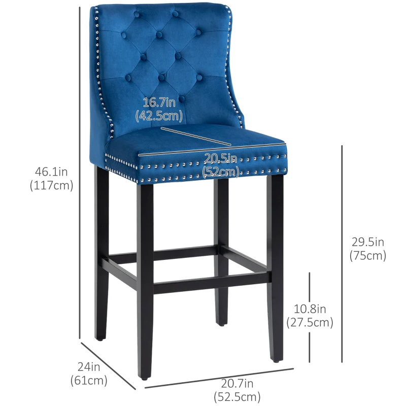 HOMCOM Upholstered Fabric Bar Stool Set of 2, Button Tufted 29.5" Seat Height Pub Chairs with Back & Wood Legs, Blue