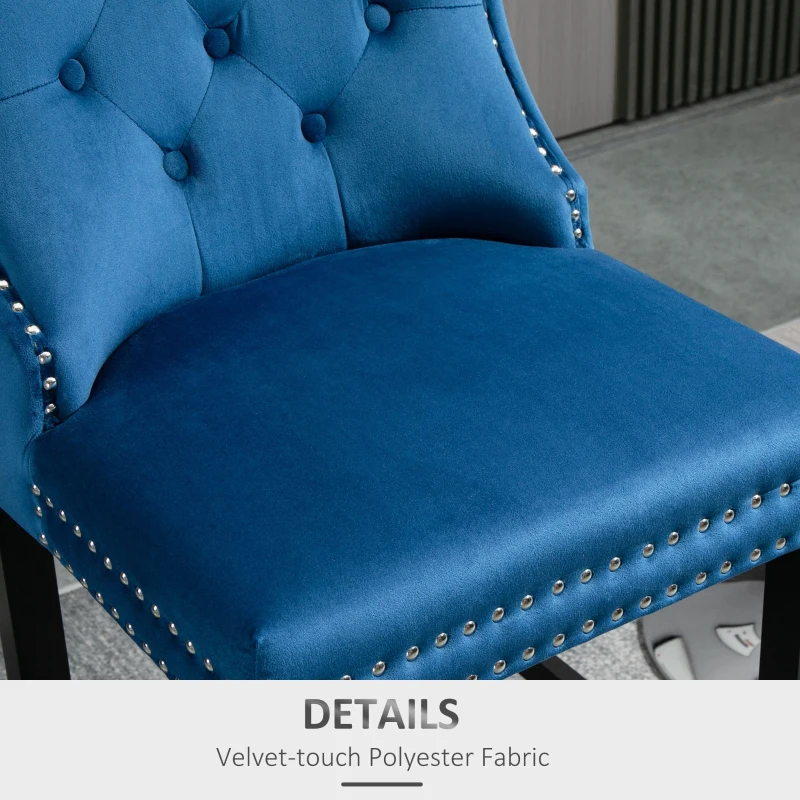 HOMCOM Upholstered Fabric Bar Stool Set of 2, Button Tufted 29.5" Seat Height Pub Chairs with Back & Wood Legs, Blue