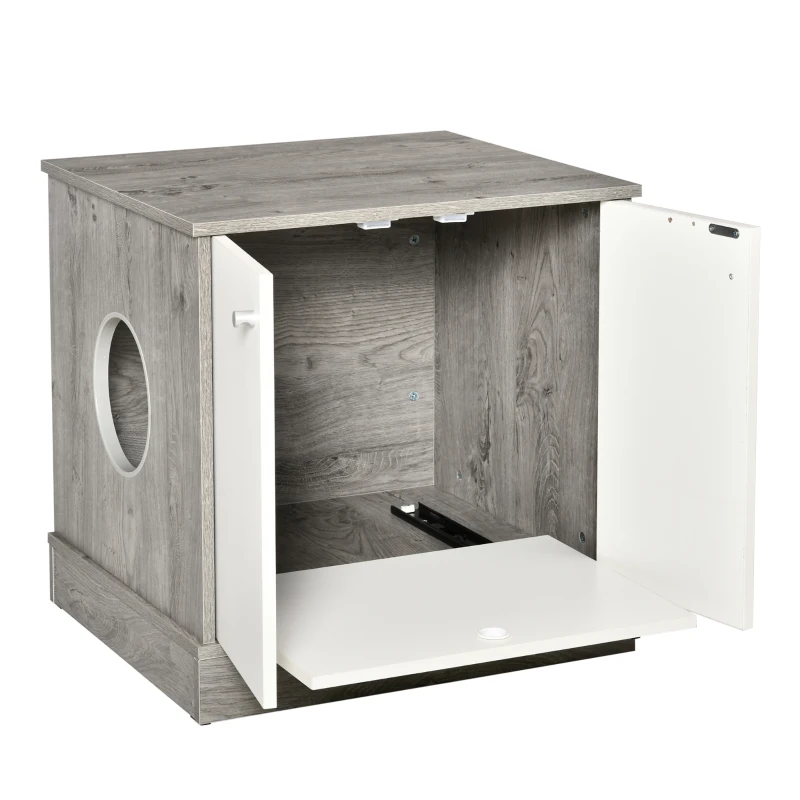 PawHut Cat Litter Box Enclosure Privacy Washroom Decorative Kitten Pet House Nightstand End Table Indoor with Magnetic Door Slide-out Board Grey Oak