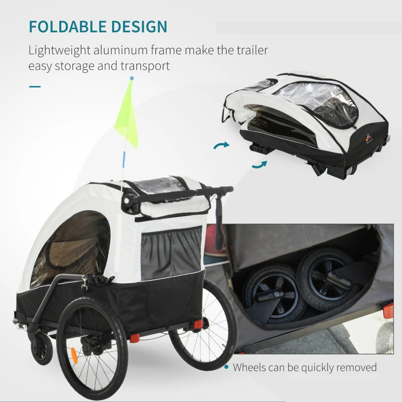 Aosom 3 In1 Baby Bike Trailer for 2 Kids, Foldable Double Jogger Stroller, 2-Seater Stroller with Shock Absorber System, Rubber Tires, Adjustable Handlebar Brake, Storage Bag,White