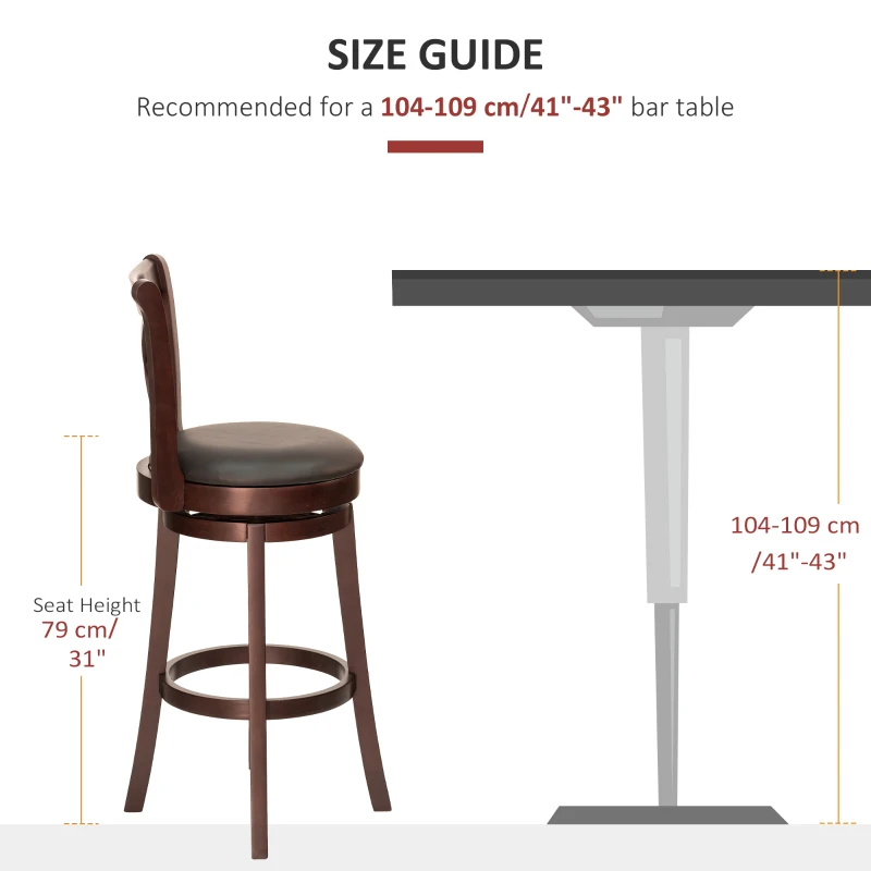 HOMCOM Swivel Bar Stool with Back, 31 Inch PU Leather Bar Height Stool, Farmhouse Barstool with Rubberwood Frame, Black