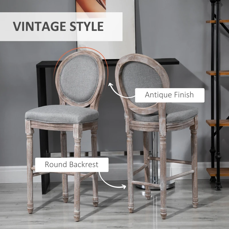 HOMCOM Solid Wood Bar Stools Set of 2, French Country Barstools, Bar Height Chairs with Upholstered Seating and Footrest, 29.5" Seat Height, Gray