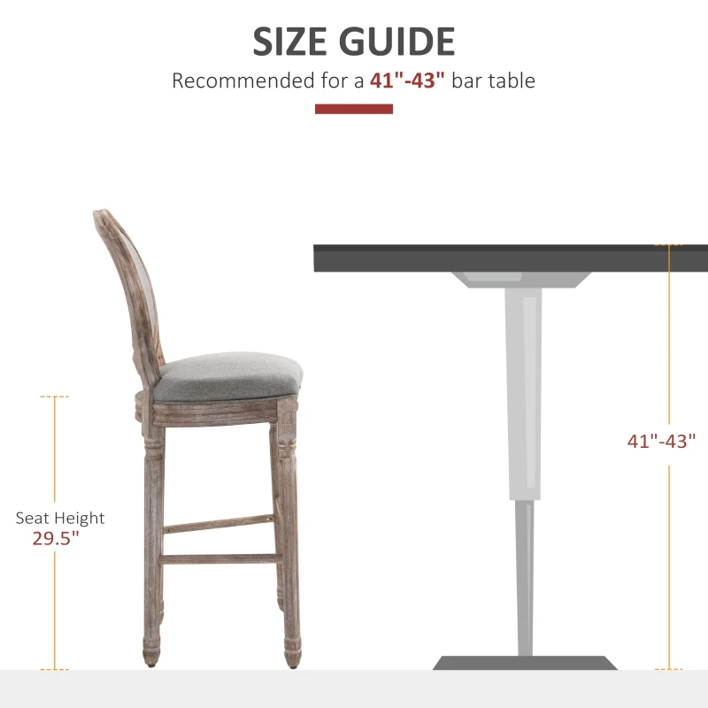 HOMCOM Solid Wood Bar Stools Set of 2, French Country Barstools, Bar Height Chairs with Upholstered Seating and Footrest, 29.5" Seat Height, Gray