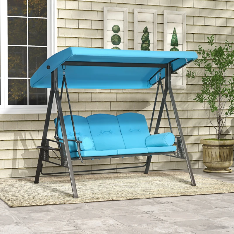 Outsunny 3-Seat Outdoor Porch Swing Chair with Adjustable Canopy, Cushion and Pillows for Garden, Poolside, Blue