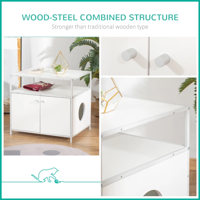 PawHut Cat Litter Box Enclosure Hidden Cat Furniture Cabinet Indoor Cat Washroom Double-door Nightstand End Table with Cat Hole Storage Shelf White