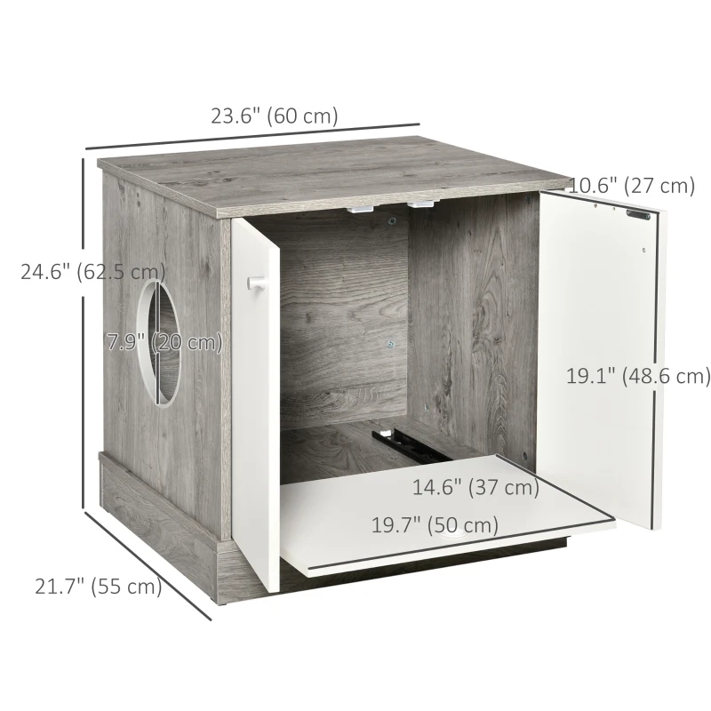 PawHut Cat Litter Box Enclosure Privacy Washroom Decorative Kitten Pet House Nightstand End Table Indoor with Magnetic Door Slide-out Board Grey Oak