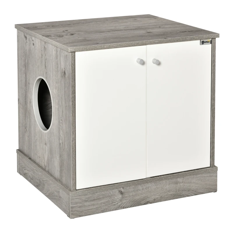 PawHut Cat Litter Box Enclosure Privacy Washroom Decorative Kitten Pet House Nightstand End Table Indoor with Magnetic Door Slide-out Board Grey Oak