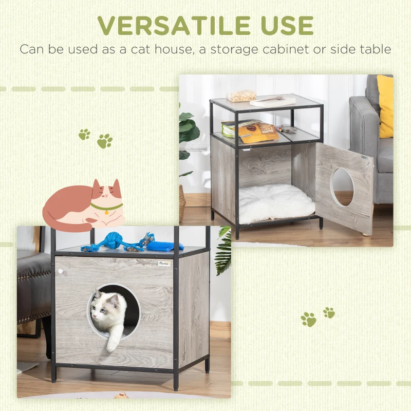 PawHut Wooden Cat House Kitty Shelter Bed with Washable Cushion and Open Shelf, Grey, 19" x 15.75" x 25.75"