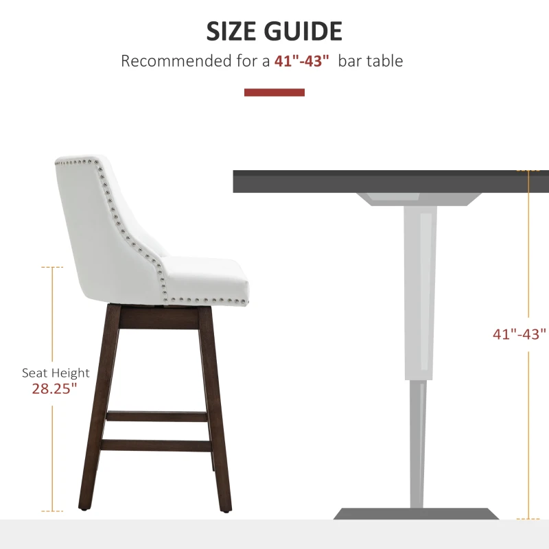 HOMCOM 28" Swivel Bar Height Bar Stools Set of 2, Armless PU Leather Upholstered Barstools Chairs with Nailhead Trim and Wood Legs, White