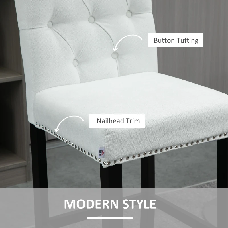 HOMCOM Fabric Bar Stool Set of 2, Tall 29.5" Seat Height Bar Chairs with Tufted Back & Wood Legs, Cream White