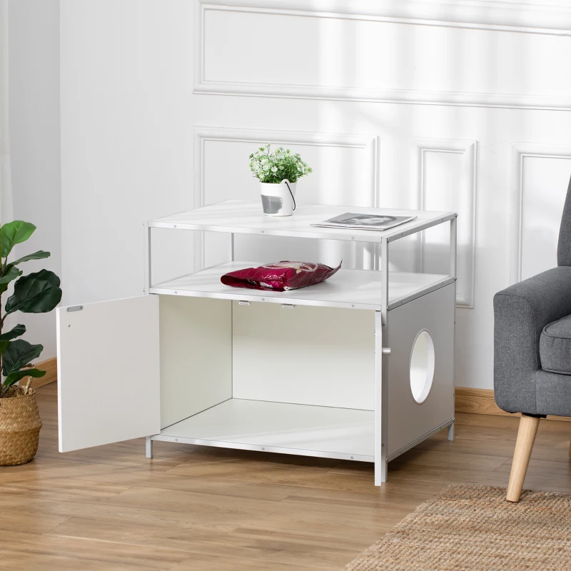 PawHut Cat Litter Box Enclosure Hidden Cat Furniture Cabinet Indoor Cat Washroom Double-door Nightstand End Table with Cat Hole Storage Shelf White