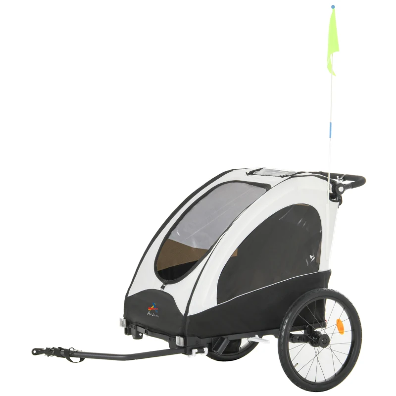 Aosom 3 In1 Baby Bike Trailer for 2 Kids, Foldable Double Jogger Stroller, 2-Seater Stroller with Shock Absorber System, Rubber Tires, Adjustable Handlebar Brake, Storage Bag,White