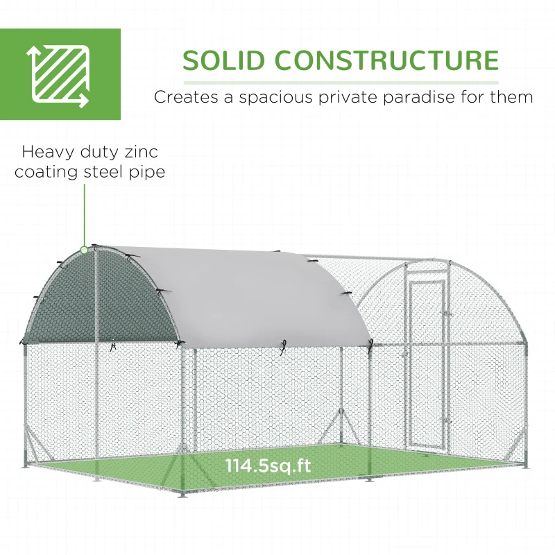 PawHut Galvanized Large Metal Chicken Coop Cage Walk-in Enclosure Poultry Hen Run House Playpen Rabbit Hutch with Cover for Outdoor Backyard 9.2' x 12.5' x 6.5' Silver