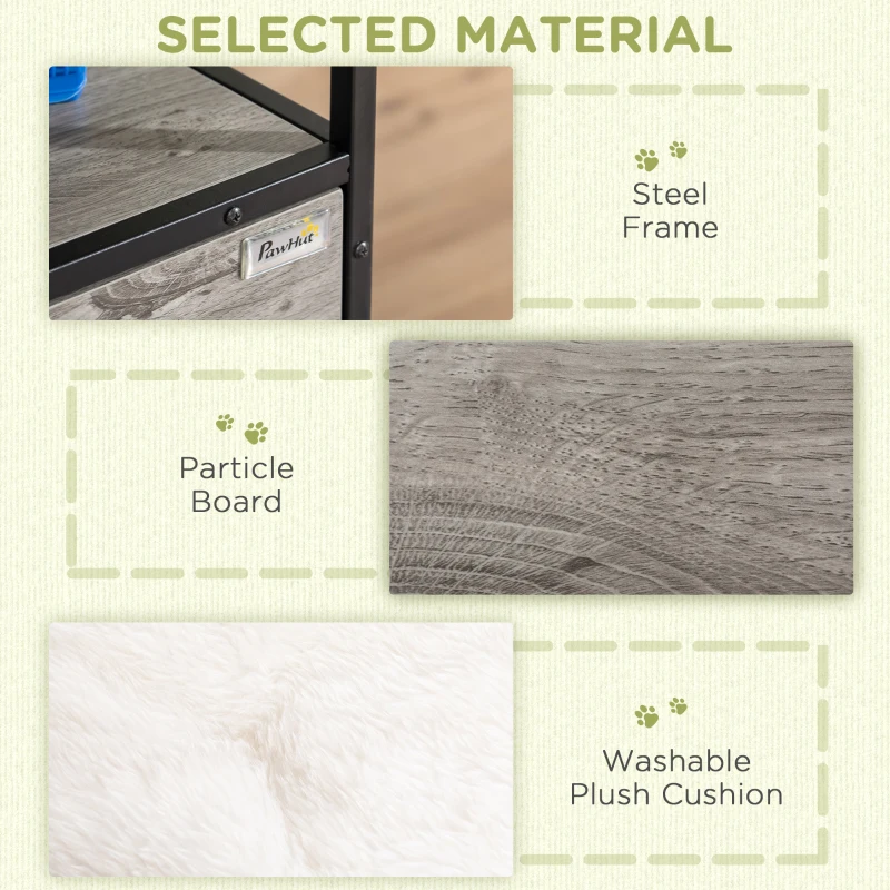 PawHut Wooden Cat House Kitty Shelter Bed with Washable Cushion and Open Shelf, Grey, 19" x 15.75" x 25.75"