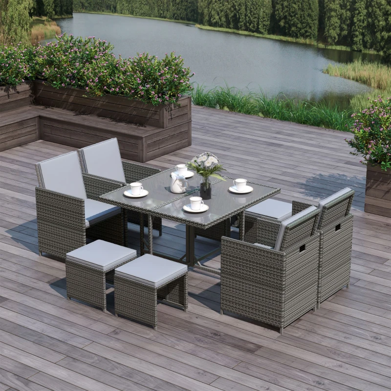 Outsunny 9 Piece Outdoor Rattan Wicker Dining Table and Chairs Furniture Set Space Saving Wicker Chairs w/ Cushions - Gray