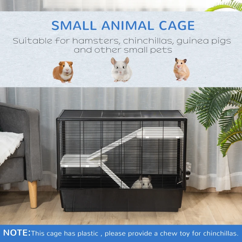 PawHut 3-tier Hamster Cage, Guinea Pig Cage, Pet Chinchillas Play House Indoor with Accessories Food Dish Water Bottle, Ramps, 31.5"x19"x 23", Black