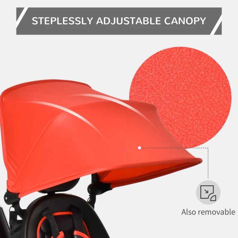 Qaba Tricycle for Toddler 4 in 1 Kids Trike with Reversible Adjustable Seat, Baby Push Bike with Removable Handle, Canopy, Belt Storage Brake Clutch for 1-5 Years, Red