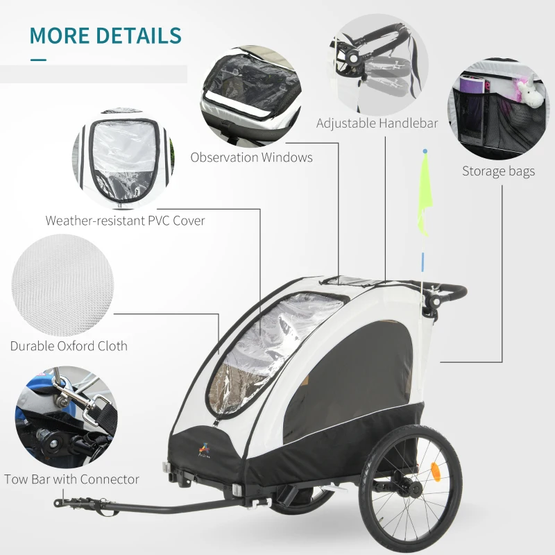 Aosom 3 In1 Baby Bike Trailer for 2 Kids, Foldable Double Jogger Stroller, 2-Seater Stroller with Shock Absorber System, Rubber Tires, Adjustable Handlebar Brake, Storage Bag,White