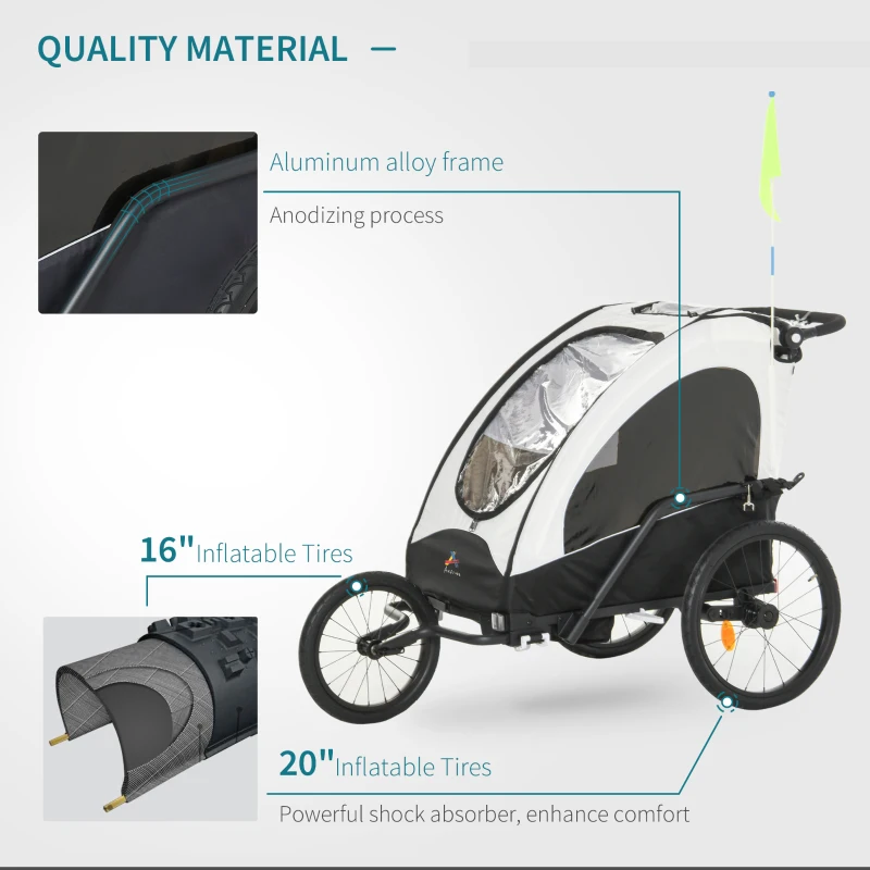 Aosom 3 In1 Baby Bike Trailer for 2 Kids, Foldable Double Jogger Stroller, 2-Seater Stroller with Shock Absorber System, Rubber Tires, Adjustable Handlebar Brake, Storage Bag,White